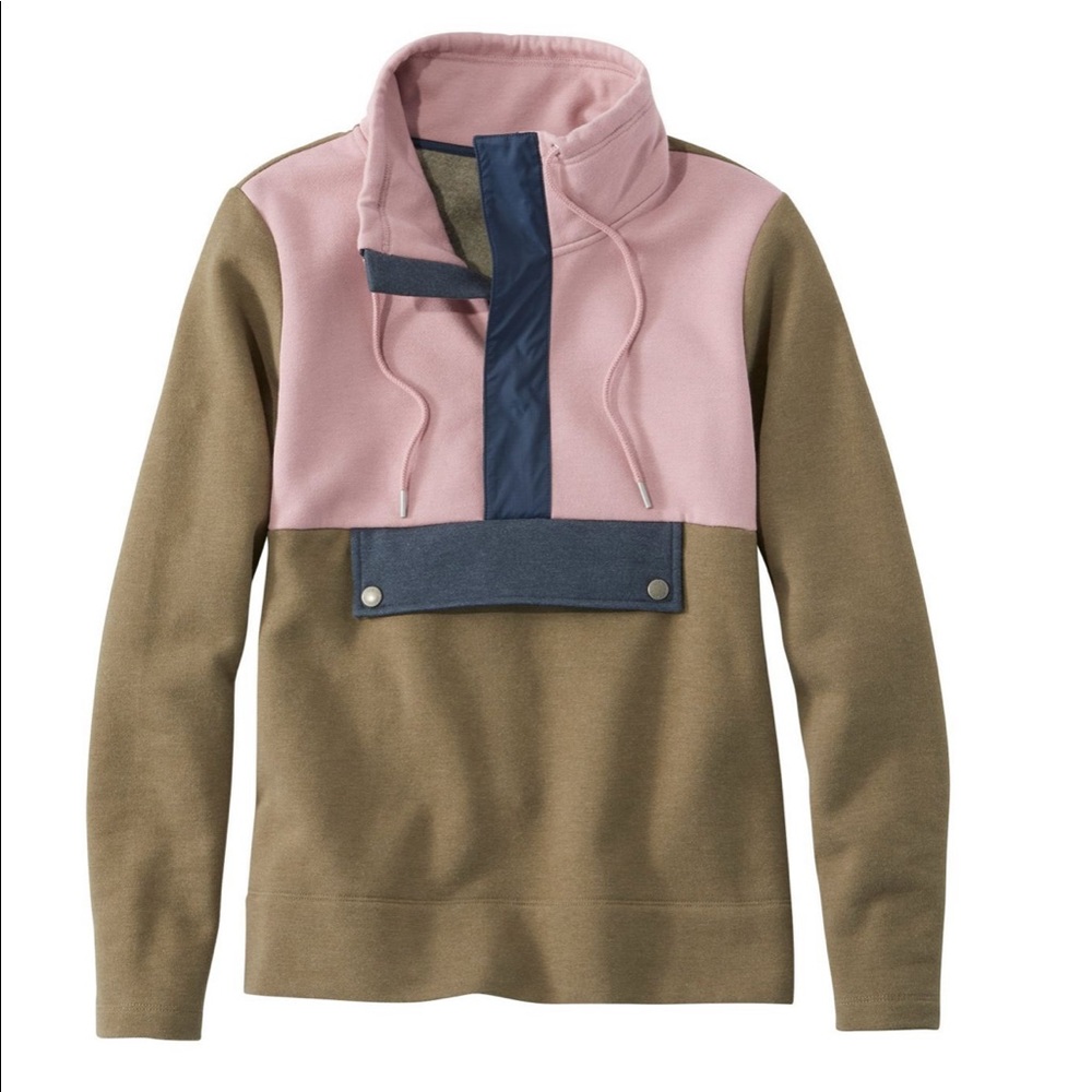 LL Bean Women's Signature Organic Sweatshirt Anorak  in Colorblock Olive XL